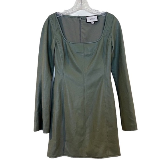 Alexis Vanna Faux Leather Sage Green Square Neck Long Bell Sleeve Mini Dress - Picture 2 of 8